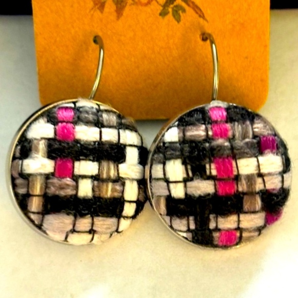 20mm Fabric Button Lever Back Stainless Steel Earrings, NWT, Unworn